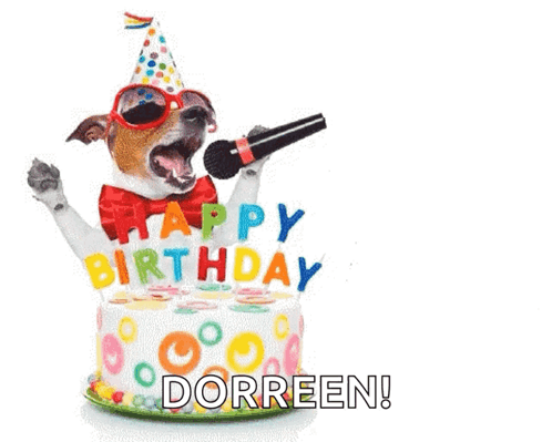 A Dog Wearing A Party Hat And Sunglasses Is Singing Into A Microphone . GIF