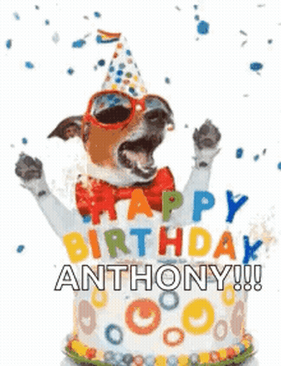 A Dog Wearing A Party Hat , Sunglasses , And A Bow Tie Is Standing In Front Of A Birthday Cake . GIF