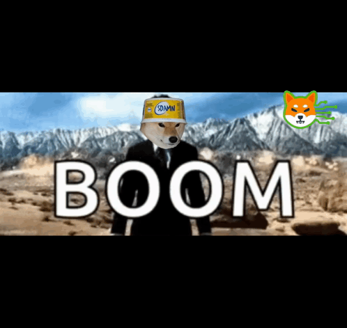 A Dog Wearing A Spam Can On Its Head Is Standing In Front Of A Mountain And Says Boom GIF