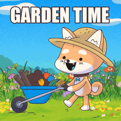 A Dog Wearing A Straw Hat Is Pushing A Wheelbarrow Full Of Flowers With The Words Garden Time Behind Him GIF