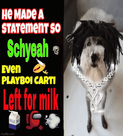 A Dog Wearing A Wig And A Necklace Is Next To A Sign That Says He Made A Statement So Schyeah GIF