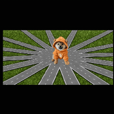 A Dog Wearing An Orange Hoodie With The Letter B On It Is Standing In The Middle Of A Road GIF