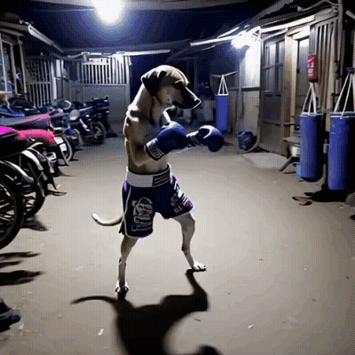 A Dog Wearing Boxing Gloves And Shorts With A Crown On The Side GIF
