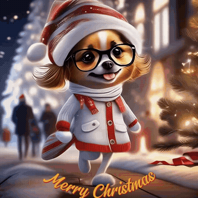 A Dog Wearing Glasses And A Santa Hat Is Standing In Front Of A Merry Christmas Tree GIF