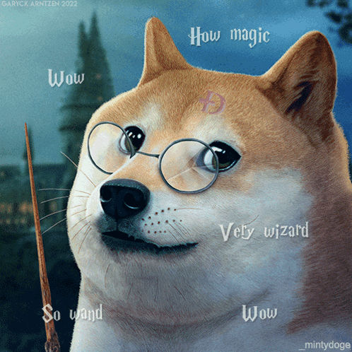 A Dog Wearing Glasses And Holding A Wand With The Words Wow Wow Wow And Very Wizard GIF