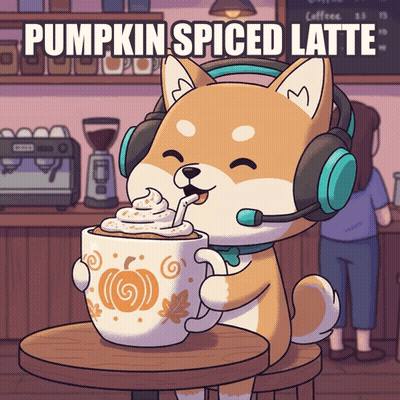 A Dog Wearing Headphones Drinking A Pumpkin Spiced Latte GIF