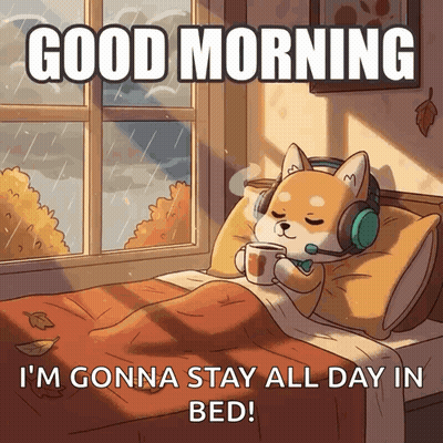 A Dog Wearing Headphones Is Laying In Bed With A Cup Of Coffee And Says Good Morning GIF