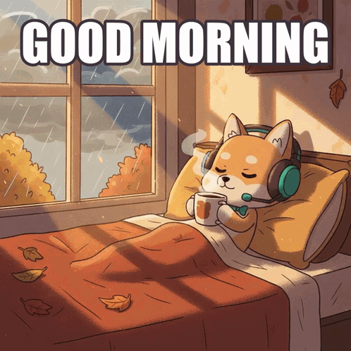 A Dog Wearing Headphones Is Laying On A Bed With A Cup Of Coffee And The Words Good Morning Above Him GIF