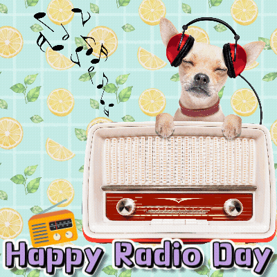 A Dog Wearing Headphones Is Sitting On A Radio With The Words Happy Radio Day GIF