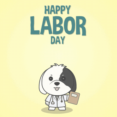 A Dog Wearing Overalls And A Hat Is Holding A Rake In Front Of A Happy Labor Day Sign GIF