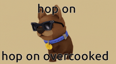 A Dog Wearing Sunglasses And A Collar With The Words Hop On Over Cooked Below It GIF