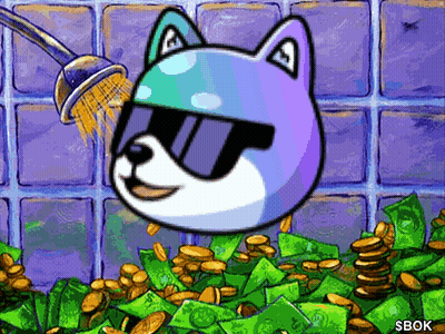 A Dog Wearing Sunglasses Is Being Showered With Money And Gold Coins GIF