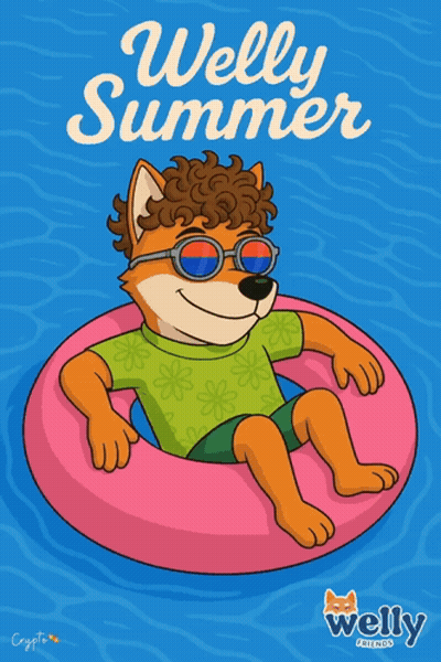 A Dog Wearing Sunglasses Is Floating On A Pink Float With The Words Welly Summer Written On The Bottom GIF