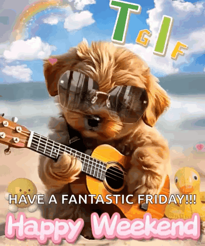 A Dog Wearing Sunglasses Is Playing A Guitar On A Beach . GIF