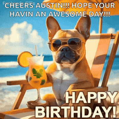 A Dog Wearing Sunglasses Is Sitting In A Beach Chair Holding A Drink . GIF