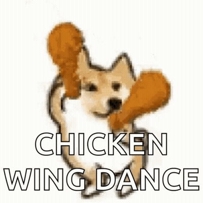 A Dog With A Chicken Wing In Its Mouth And The Words Chicken Wing Dance Above It GIF