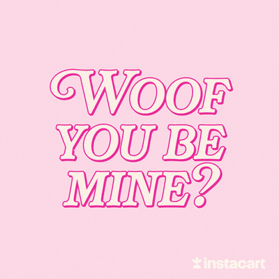 A Dog With A Red Rose In Its Mouth And The Word Woof On The Background GIF