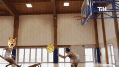 A Doge Coin Is Being Thrown Into A Basketball Hoop In A Gym GIF