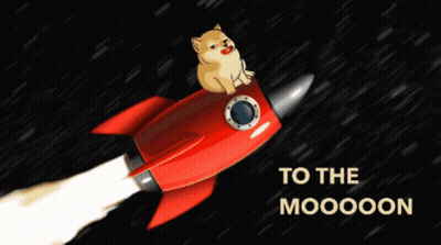 A Doge Is Sitting On Top Of A Red Rocket With The Words To The Moooon Below It GIF