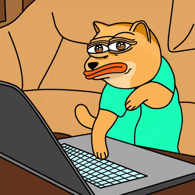 A Doge Wearing A Blue Shirt Is Using A Laptop GIF