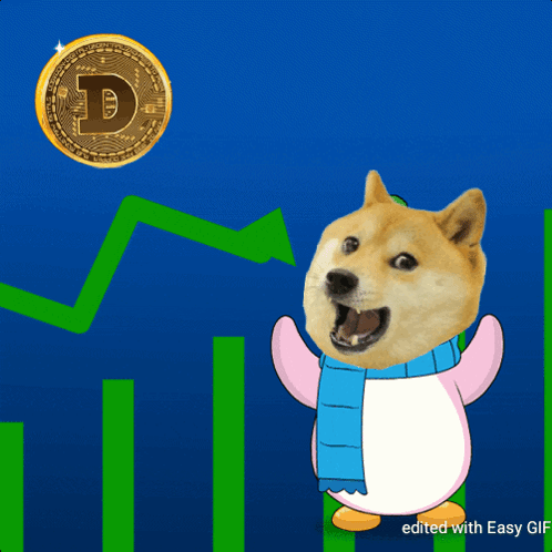 A Doge Wearing A Scarf Is Standing In Front Of A Coin That Says ' D ' On It GIF