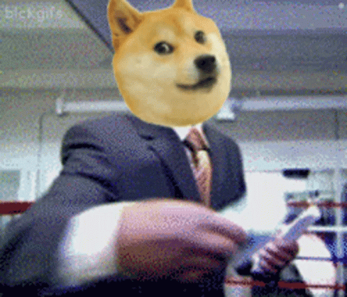 A Doge Wearing A Suit And Tie Is Holding A Cellphone GIF