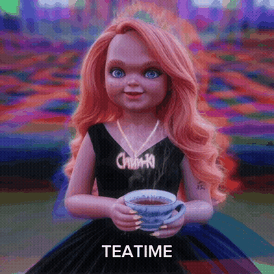 A Doll In A Black Dress Is Holding A Cup Of Tea With The Word Teatime Below Her GIF