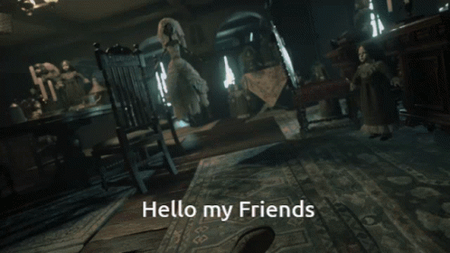 A Doll In A White Dress Says Hello My Friends In A Dark Room GIF