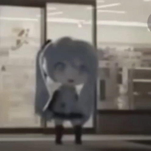 A Doll Is Standing In Front Of A Glass Door In A Room . GIF