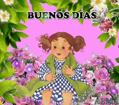 A Doll Is Surrounded By Flowers And The Words Buenos Dias GIF