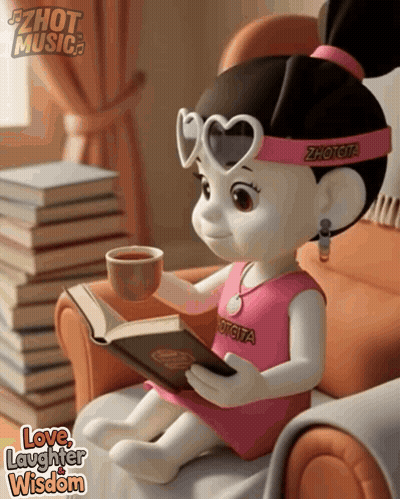 A Doll Wearing Heart Shaped Sunglasses Is Reading A Book And Holding A Cup Of Tea GIF