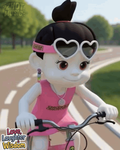A Doll Wearing Heart Shaped Sunglasses Is Riding A Bike GIF
