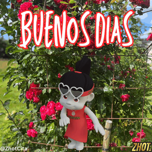 A Doll Wearing Heart Shaped Sunglasses Is Standing In Front Of A Bush With The Words Buenos Dias Above It GIF