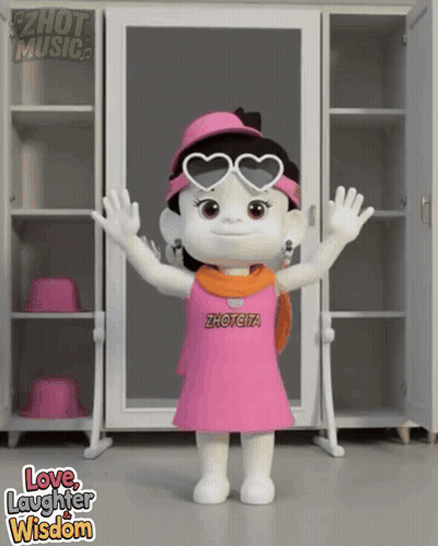 A Doll Wearing Sunglasses And A Pink Dress With The Words Love Laughter Wisdom Written On The Bottom GIF