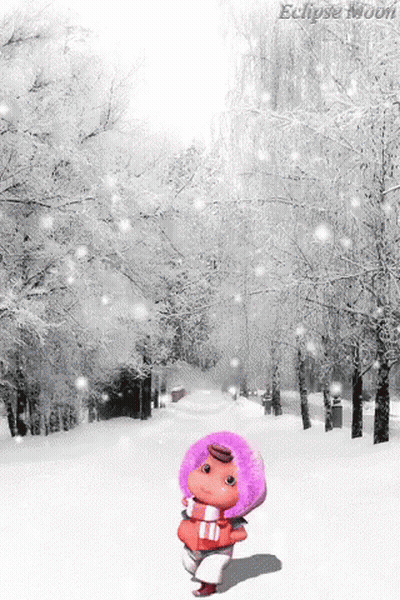 A Doll With A Purple Hat And Scarf Is Standing In The Snow GIF