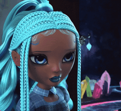 A Doll With Blue Hair And Blue Lipstick Looks At The Camera GIF