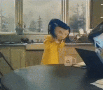 A Doll With Blue Hair Is Standing In Front Of A Window GIF