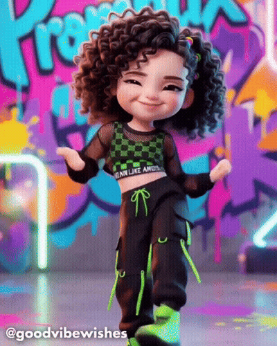 A Doll With Curly Hair Is Wearing A Green And Black Outfit GIF