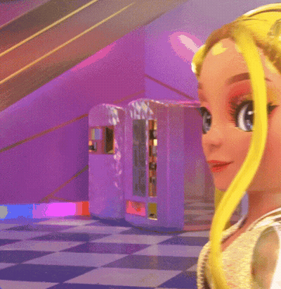 A Doll With Yellow Hair Is Standing In Front Of A Purple Wall GIF