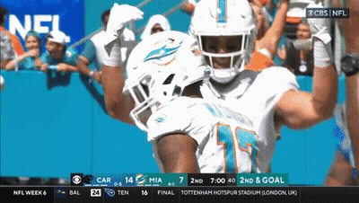 A Dolphins Football Player Celebrates A Touchdown During A Game GIF