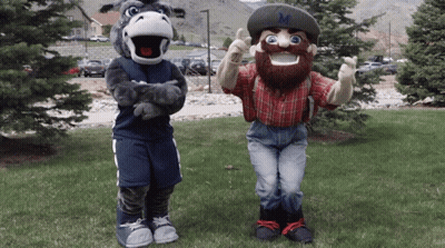 A Donkey Mascot And A Cowboy Mascot Are Standing Next To Each Other In The Grass GIF