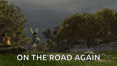 A Donkey Standing In A Grassy Field With The Words On The Road Again Behind It GIF