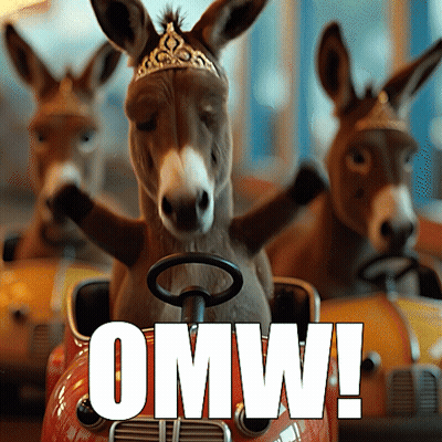 A Donkey Wearing A Tiara Is Driving A Toy Car With The Word Omw Written On The Bottom GIF