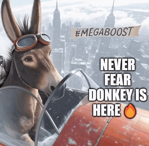A Donkey Wearing Goggles And A Sign That Says " Never Fear Donkey Is Here " On It GIF