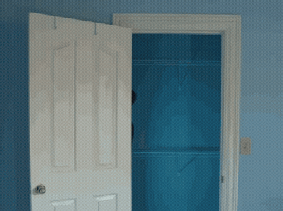 A Door Is Open To A Blue Closet With Shelves GIF