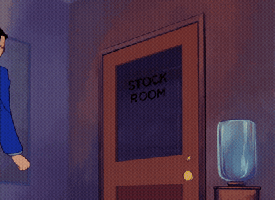 a door with a shadow on it that says " stock room "