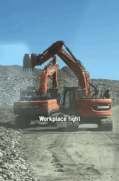 A Doosan Excavator And A Develon Excavator Work Together GIF