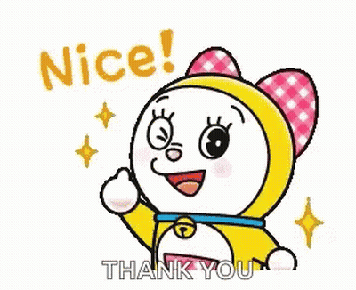 A Doraemon Cartoon Character Is Waving Her Hand And Saying `` Nice ! Thank You '' . GIF