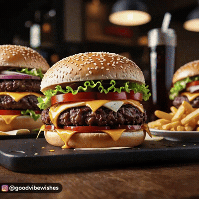 A Double Cheeseburger With Lettuce And Tomato On A Sesame Seed Bun GIF