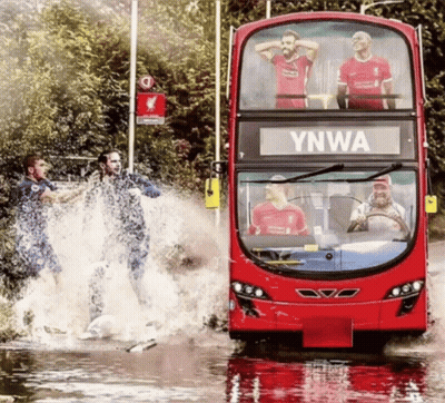 A Double Decker Bus That Says Ynwa On It GIF